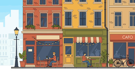 Cozy Street Scene: People Enjoying Coffee at Outdoor Cafes on a Sunny Day © mawar