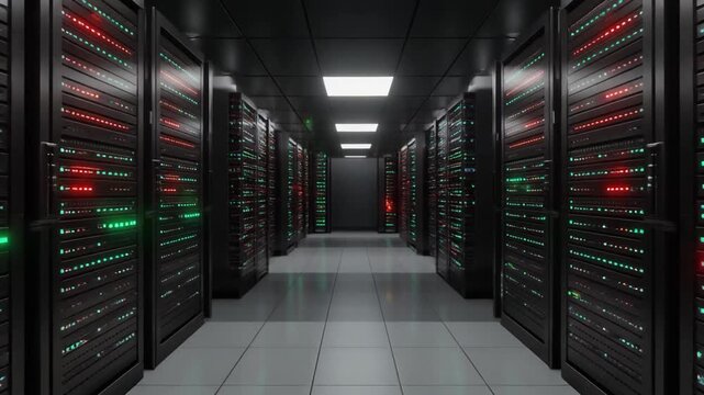 Futuristic server corridor with glowing lights, symbolizing data infrastructure, cloud storage, and advanced digital technology systems.