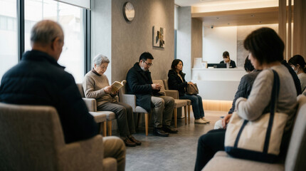 Fototapeta premium People Waiting in Clinic Waiting Room for Medical Examination or Appointment