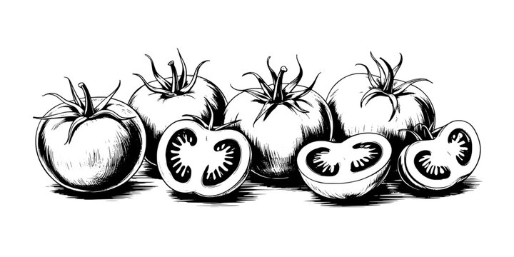 Tomatoes Vegetable Sketch with Black Line Art, Hand-Drawn Shading, Ripe Fruit and Slices for Healthy Food Design