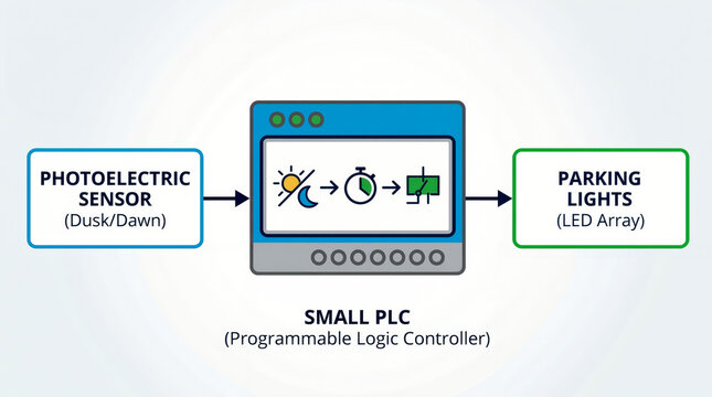 Programmable logic controller block diagram with photoelectric dusk dawn sensor and led parking lights