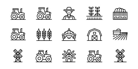 Obraz premium Tractor farm line icons set with windmill, garden, barn, crops and silo, minimal vector style for agriculture graphics