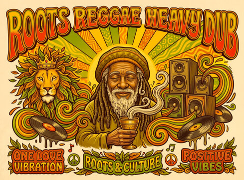 Colorful roots reggae heavy dub music poster with rasta man lion and sound system illustration