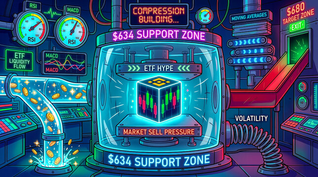 Conceptual cryptocurrency market machine illustration showing market compression support zone and etf flow