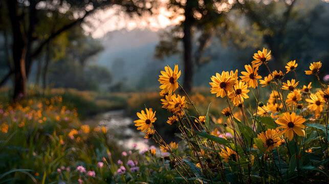 Sunflowers swaying in a field during golden hour, nature scene. gardening catalogs, home-decor guides, designed for home decor and floral branding and gardening and botanical catalogs.adulteration.