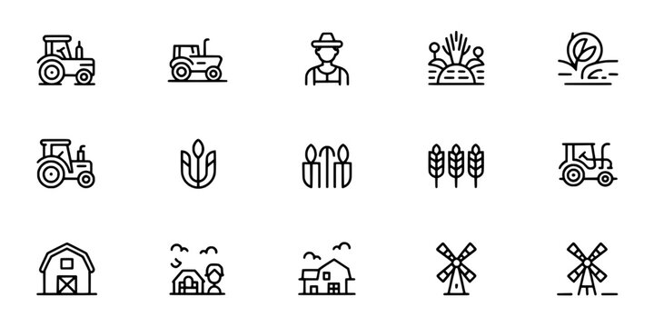 Tractor, farm, and garden line icon set with crops, house, windmill, and watering can symbols for agriculture graphics