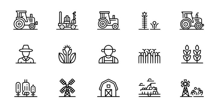 Tractors agricultural icons set with farm equipment and workers featuring tractor, agriculture, farming with plow and windmill elements for barn,