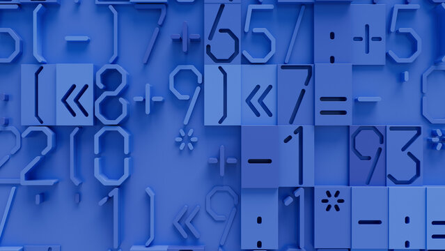 Close-Up of Blue and White Geometric Patterned Surface with 3D Texture and Abstract Numbers, Ideal for Technology and Design Concepts