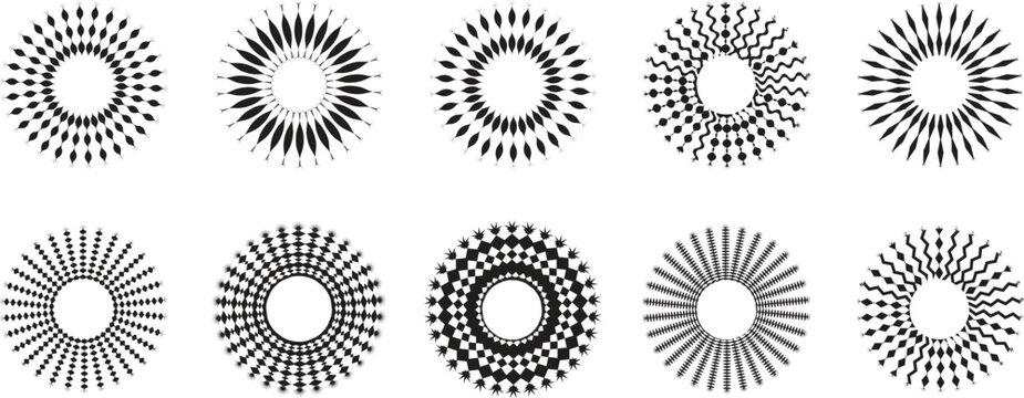 Decorative sunburst and radial badge collection with geometric circular patterns and ornamental details. Modern vector design elements for logos and branding. Elegant retro inspired set.