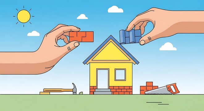 Illustrated Hands Placing Colorful Bricks Around Small House Construction Site