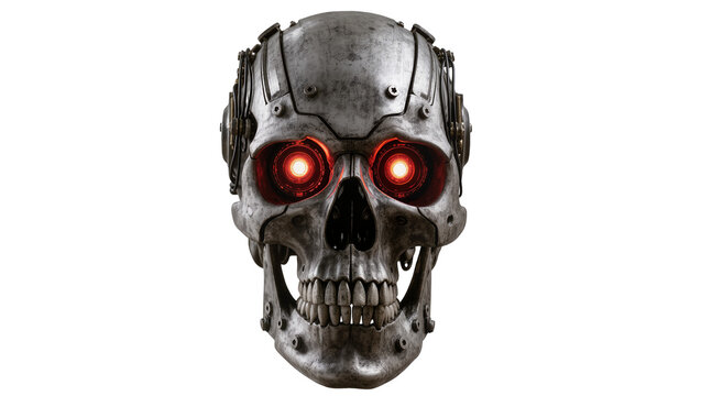 Cyborg skull with glowing red eyes and metallic details