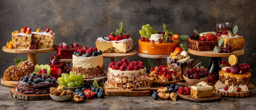 An abundant collection of gourmet cakes and desserts, lavishly decorated with fresh berries and fruits, presented on a dark background