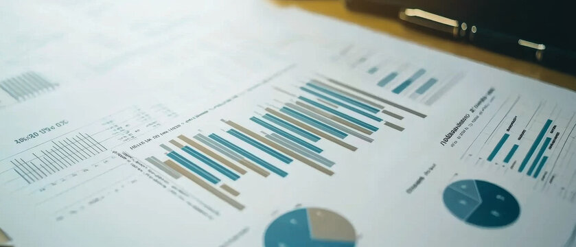 Angled view of a document displaying multiple bar charts and pie graphs in blue and grey Business reports, data analysis