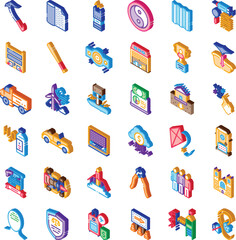 Fototapeta premium Collection of diverse isometric icons illustrating numerous concepts, objects, and activities, useful for web designs, applications, and infographics communicating modern themes