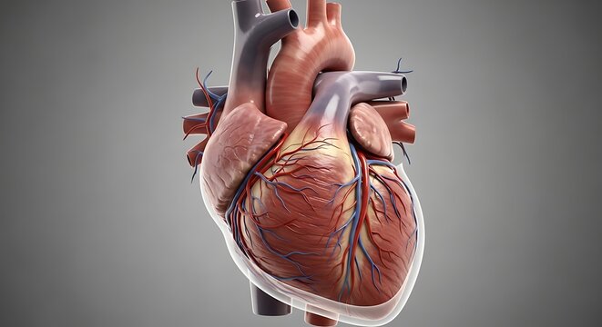 Detailed Human Heart Anatomy Model Displayed on Gray Medical Background
