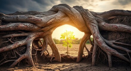 Fototapeta premium A natural archway formed by intertwined tree roots, leading to a bright, sunlit opening in the background. The scene is set in a dry, cracked earth landscape, with the roots and soil in earthy tones
