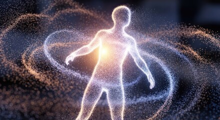 Obraz premium A human figure composed of glowing particles, floating amidst swirling energy waves. The figure appears to be in a state of transformation or energy emission