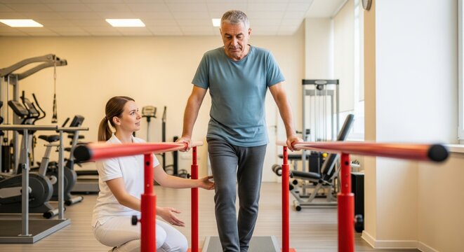 Gait rehabilitation in parallel bars with physiotherapist support shows walking recovery balance retraining and lower limb therapy concept for clinic marketing and healthcare stock use