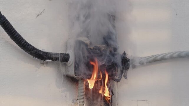 Man extinguishes fire on wall in house with burning junction box with electrical wiring by pouring water from bucket