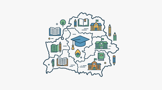 Belarus map with educational symbols and buildings.