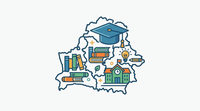 Belarus map with educational symbols and icons representing learning.