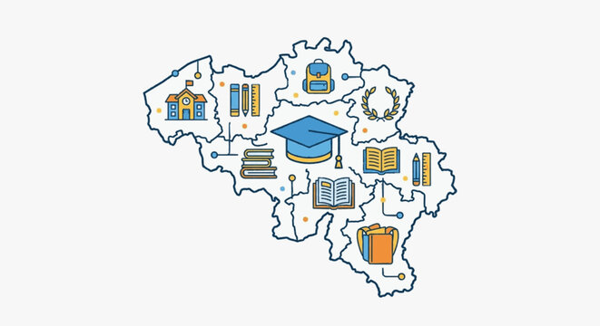 Belgium map with educational symbols and icons representing learning.