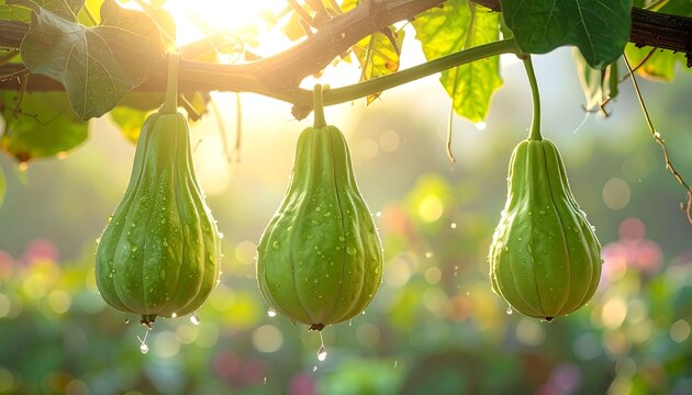 Fresh Green Bottle Gourds Hanging on Vine in Sunlit Garden
