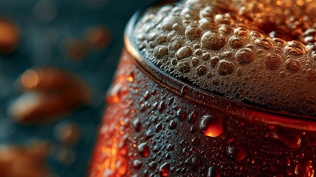 Close-up View of Refreshing Craft Beer with Foam Bubbles and Condensation Perfect for Advertising