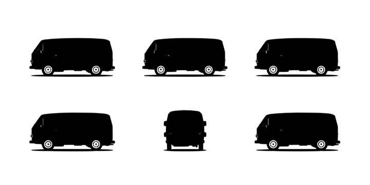 Van silhouette set with front side view icons, simple black transport symbols for vector signage and map graphics