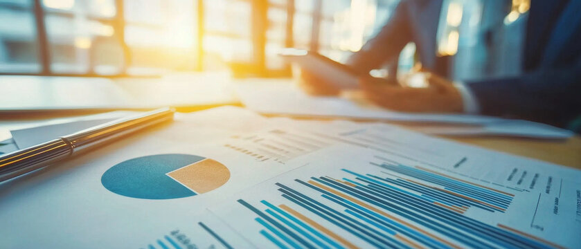 Charts, graphs, and a pen on a desk, bathed in warm sunlight A blurred person works in an office setting