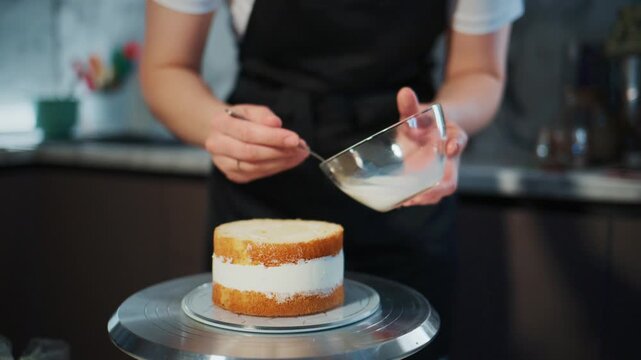 Person carefully spreads creamy frosting on a layered cake. The baker, wearing an apron, focuses intently on the task. Their hands move precisely, ensuring even coverage