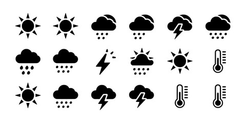 Fototapeta premium Weather icons set with sun, clouds, rain, thunder and temperature symbols for forecast, web and UI design
