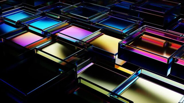 Clear square blocks with chromatic dispersion effects moving in a seamless, dark loop