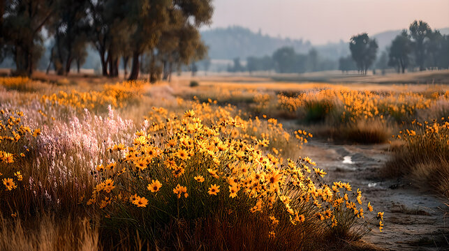 Sunflowers swaying in a field during golden hour, nature scene. gardening catalogs, home-decor guides, designed for home decor and floral branding and gardening and botanical catalogs.adulteration.