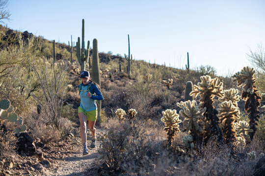 Woman runs along a desert trail lined with cactus in Tucson, Arizona.