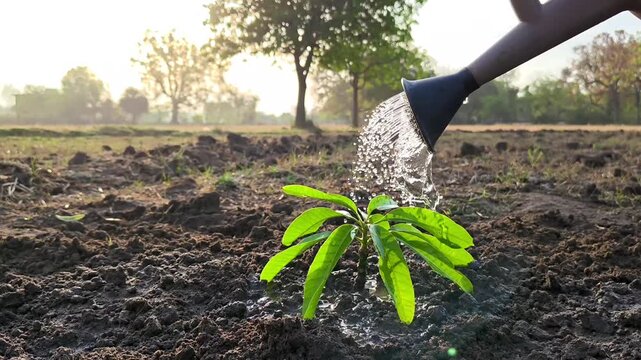 Watering a young green sapling in fertile soil with a watering can. Environmental conservation concept