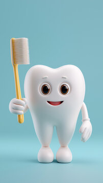 Cartoon white tooth holding a toothbrush, Tooth character with eyes and yellow toothbrush on light blue pastel background, generative ai
