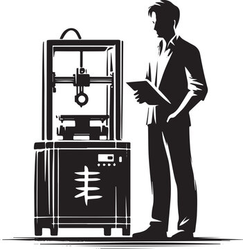Sumi-e Illustration: Man Overseeing a 3D Printer with Tablet Tec