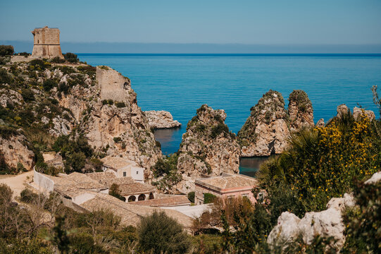 Tonnara di Scopello with Doria Tower and Faraglioni sea stacks, Sicily