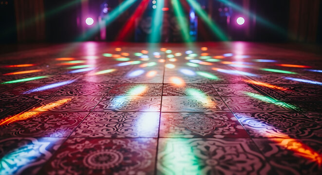 Colorful disco lights reflecting on a patterned tile dance floor in a nightclub