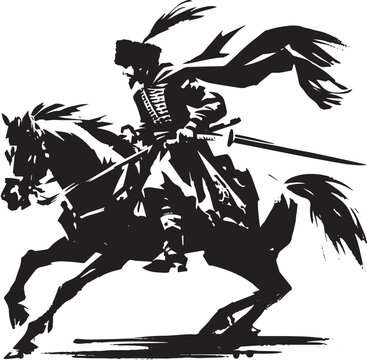 Dynamic Cossack Rider: A Sumi-e Silhouette of Equestrian Bravery
