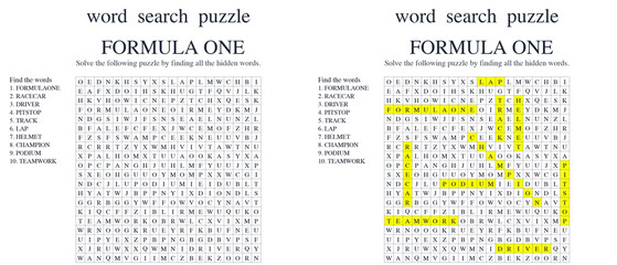 Obraz premium Word seek puzzle sheet featuring Formula One with highlighted solutions 