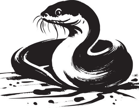 Monochrome moray eel artwork in expressive sumi-e style illustra