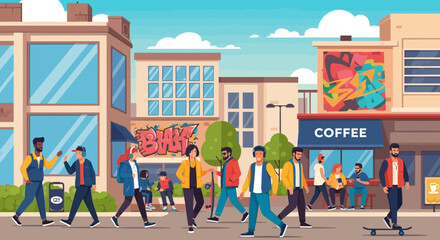Diverse people walking on city street with graffiti art and coffee shop © il
