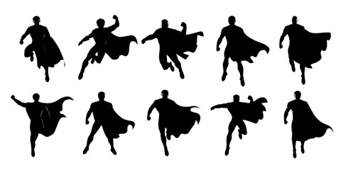 Fototapeta premium Superheroes black silhouette set with dynamic poses and flowing capes on white background featuring superhero, comic, comic book with hero and heroes
