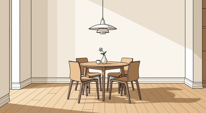 Cozy Dining Room Sketch with Table, Chairs, Pendant Light, and Vase