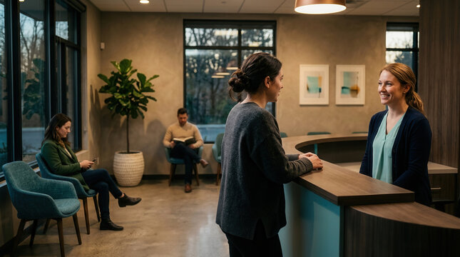 People Waiting in Modern Reception and Conversing With Front Desk Staff