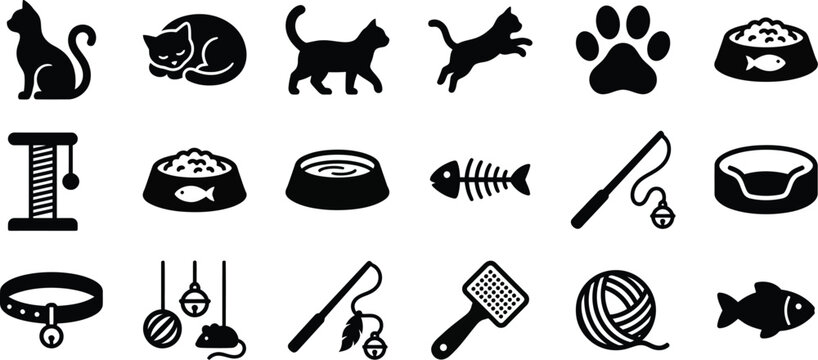 Cat Icons Set Kitten Pet Care Accessories Food Toys Silhouette Vector Collection