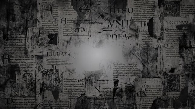 A distressed, grunge-style background composed of torn and layered newspaper clippings with faded text and a central bright spot.