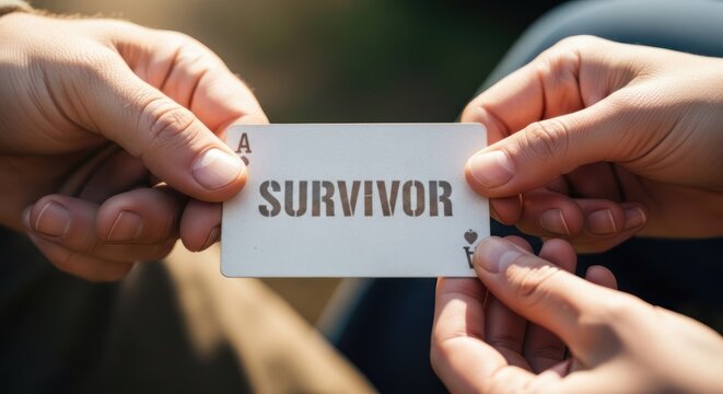 Two hands holding a playing card with the word 'SURVIVOR' on it.